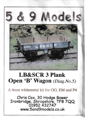 5&9 02.LB&SCR 3 plank Open B Wagon. Diagram No. 5.